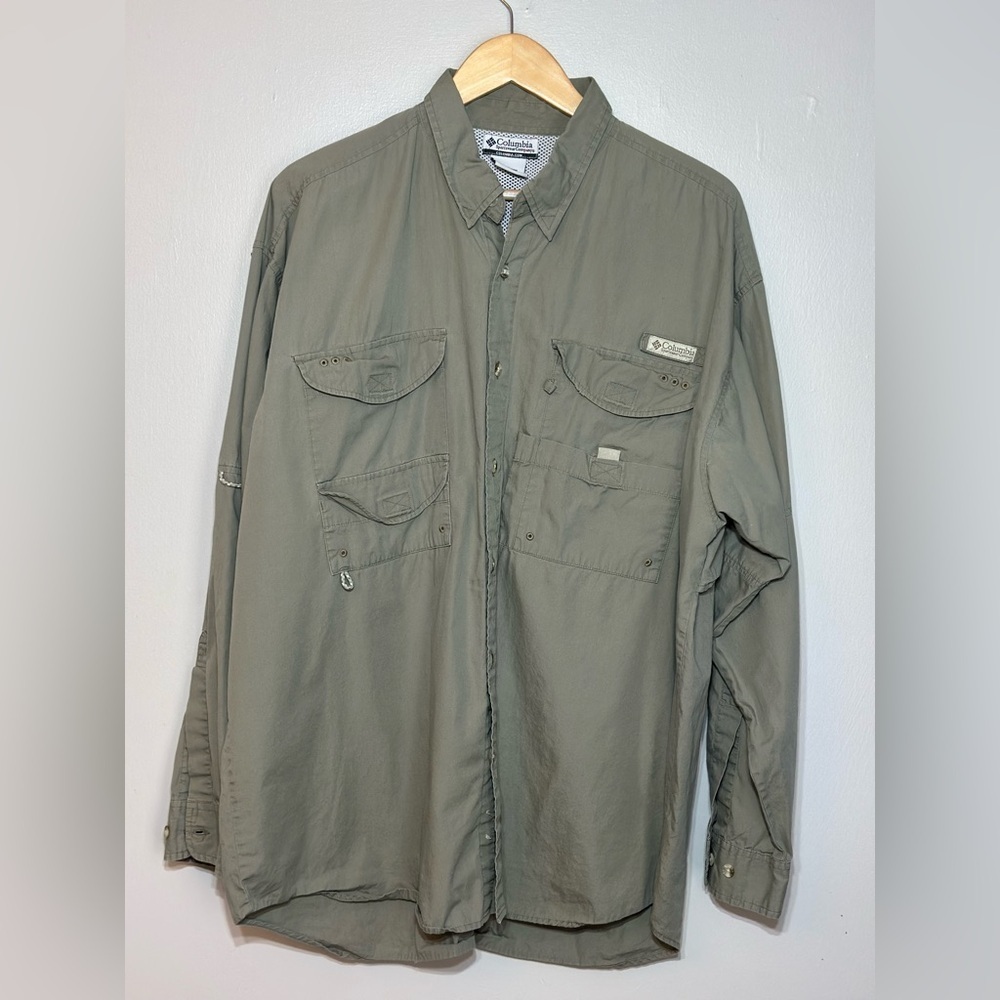 Columbia Men’s Cotton PFG Long-Sleeve Fishing Shirt Olive Green light Weight XL